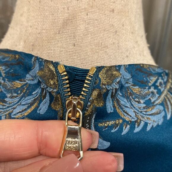 Roberto Cavalli Elegant teal  and Gold Floral mini dress, US6 - Picture 9 of 12